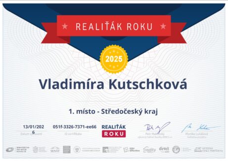 Mgr. Vladimíra Kutschková - Certifikát Realiťák roku vítěz Středočeského kraje